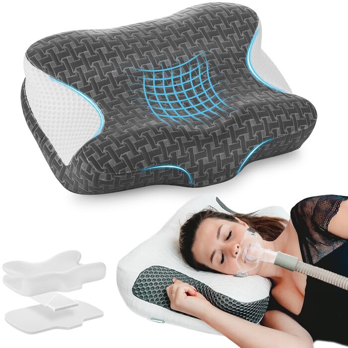 Подушка Elviros з піни Memory Foam для CPAP-терапії для тих, хто спить на боку, анатомічна, регульована висота, сумісна з масками, темно-сіра