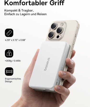 Power Bank Baseus 10000mAh з MagSafe Qi2, 22.5W PD, USB-C, Білий