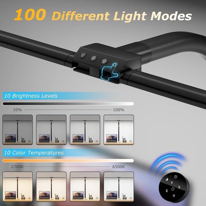 Стійка LED лампа для столу 24W з двома головками, захистом для очей, регулюванням яскравості та 10 кольорами, для дому, офісу, навчання, чорного кольору