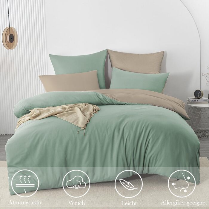 Комплект постільної білизни 135x200 4 частини з мікрофібри, двостороння, м'яка та практична, з блискавкою (135x200, 80x80) - Пастельно-зелений/Теплий бежевий