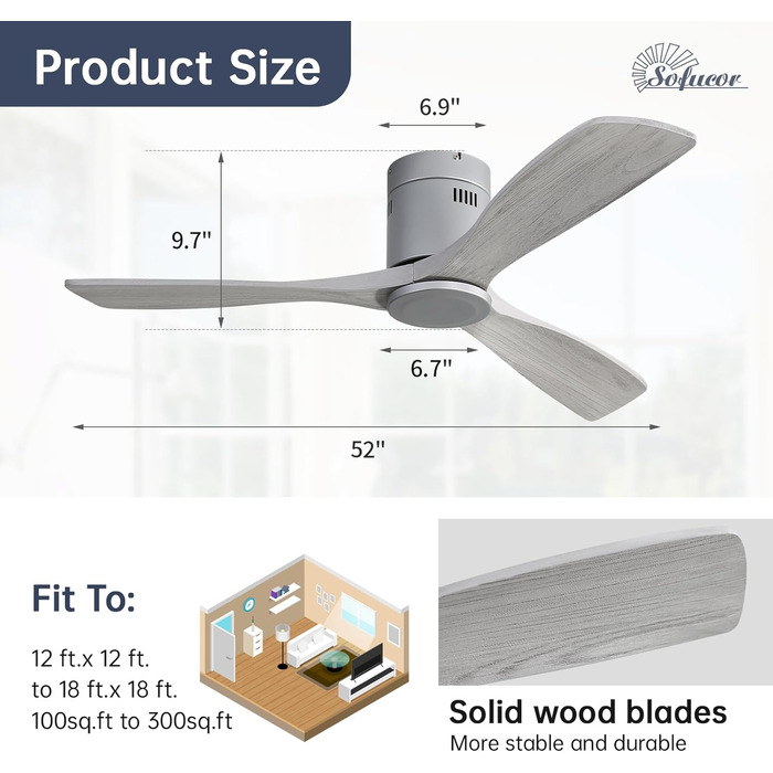 Стелянка вентилятор Sofucor з пультом керування, дерев'яна стельова вентиляція з 3 лопатями, 132 см, тиха, 6 швидкостей, таймер, DC двигун, режим літо-зима для спальні (Без світла + Flush Mount, сірий колір дерева)