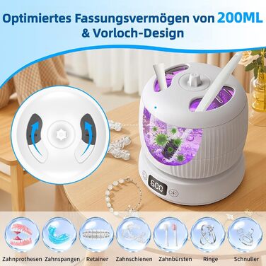 Ультразвуковий очищувач для зубних протезів, кап, брекетів та ювелірних виробів 200 мл, 45000 Гц, з УФ-лампою