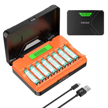 Зарядний пристрій ENEGON 8-Fach LCD для AA/AAA акумуляторів + 8 AAA Ni-MH 1100mAh, USB-C станція для пультів, термометрів та електроніки
