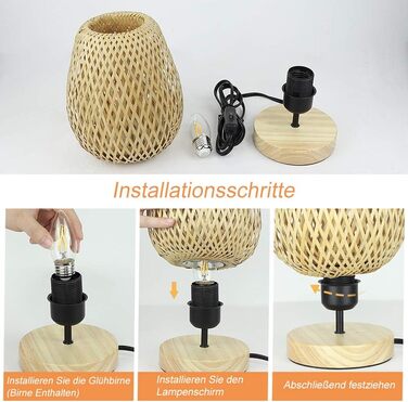 Сучасна LED лампа Depuley на стіл, бамбук та дерево, круглі, з абажуром з ротангу, 60 Вт, патрон E27, нічник, лампа для читання в спальню, дитячу кімнату, з лампочкою (Ellipse)