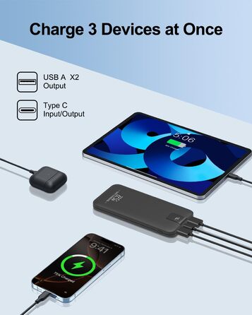 Powerbank 10000mAh 22.5W з LCD-дисплеєм: швидка зарядка, 3 виходи, 2 входи (USB-C), чорний