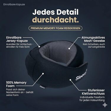 Подушка для шиї в літак з капюшоном та Memory Foam – Подушка-білка, для сну та подорожей – Ергономічна подушка для подорожей, захист від світла та пральна, з сумкою – Чорний (M) Чорний M