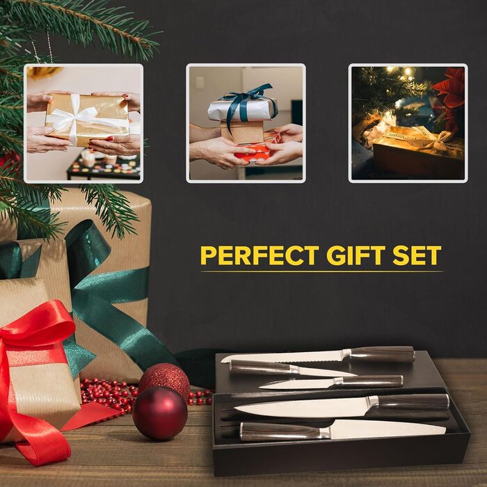 Набір кухонних ножів 5 шт. з нержавіючої сталі, преміум якість, ергономічні дерев'яні ручки, професійний кухонний набір, подарункова коробка