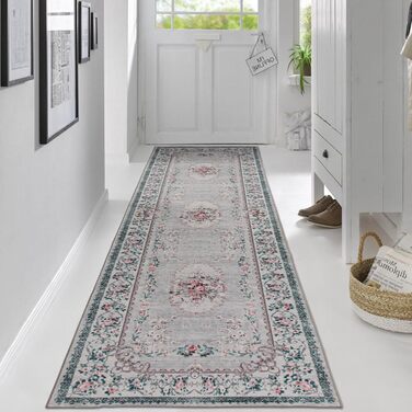 Килим TALETA для вітальні, спальні, офісу: вінтажний, квітковий, 80x300 см, сірий (03)