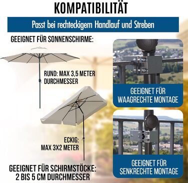 KD-TECH Stable Parasol Holder - Parasol Stand for Balcony Square Railings - Secure Parasol Attachment Without Drilling