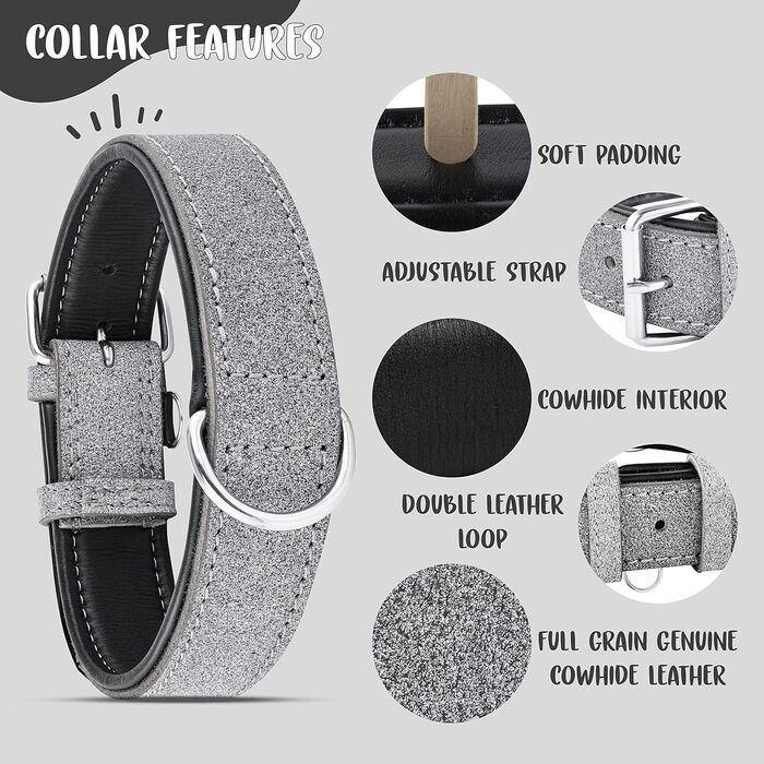 Riparo Genuine Leather Adjustable Dog Collar with Additional Reinforcement (: 4.5CM Wide for 53.4CM - 63.5CM Neck, ) (XL, Grey/White Thread)