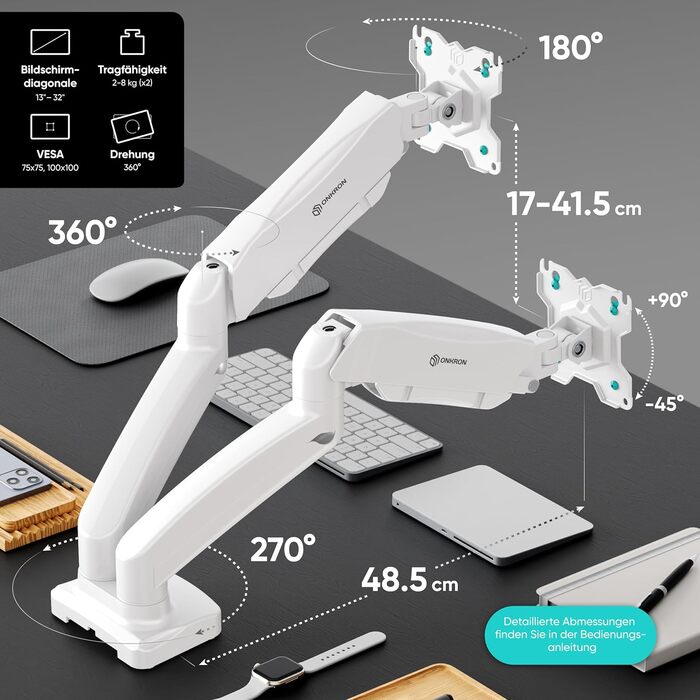 Кріплення для монітора ONKRON G160-W (2 монітори, 13-32 дюйми, до 8 кг)