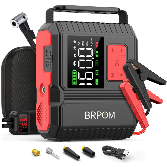 Powerbank для автомобіля BRPOM з компресором 160PSI, 26800mAh. Запуск авто, LED-ліхтар 600LUM, для бензинових та дизельних двигунів (12.0L).