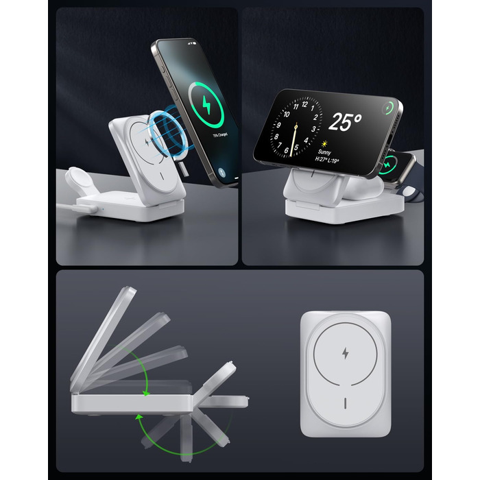 3-в-1 Бездротовий зарядний пристрій: Inductive Qi2, MagSafe, для iPhone 16/15/14/13/12, Apple Watch, AirPods (білий)