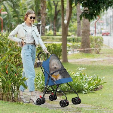 Візок для собак та котів OHMG, складаний, до 20 кг, з гальмами, великий кошик, 3 вікна, тримач для напоїв, блакитний