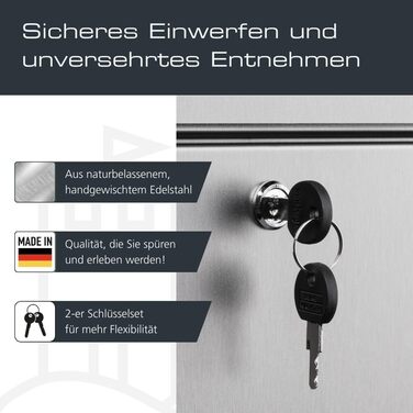 Поштова скринька Burg-Wächter з газетницею та табличкою для імені, нержавіюча сталь, формат DIN C4, 2 ключі, AMZ 2500 NI