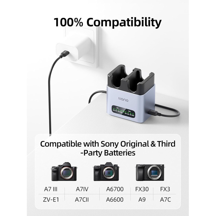 Зарядний пристрій LLANO 20W для акумуляторів Sony NP-FZ100: A7III, A7IV, A6700, FX3, FX30, A9, A7C, A7CII, A7RV, A7RIII, A6600, ZV-E1, ZV-E10II, A1, FX2 – USB-C, LED-дисплей, корпус з алюмінію