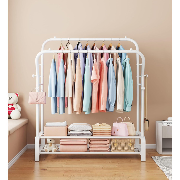 Вішалка для одягу металева подвійна з гачками та полицею для взуття, біла - Stabil