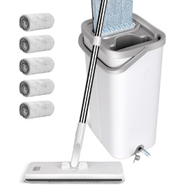 Набір для миття підлоги з відром, Masthome - компактний моп та відро з віджиманням, 3 мікрофібрових насадок та нержавіюча ручка, 2 в 1, для дерев'яних, плиточних та мармурових підлог (білий)