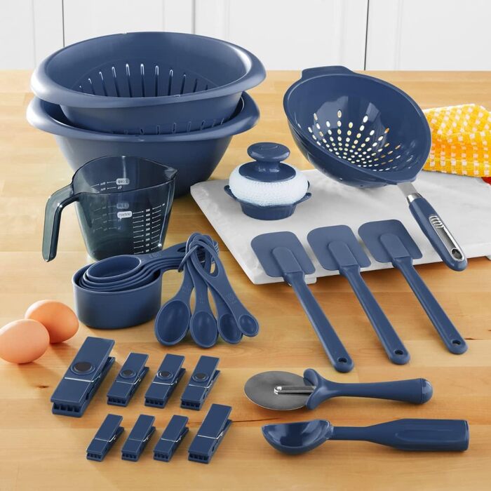 28-Piece Kitchen Utensil Set with Plastic Measuring Cup, Navy Blue