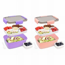 Ланчбокс Bugucat 2000 мл (2 шт.) - чорний та рожевий, з відділеннями, для дорослих та дітей, з виделкою