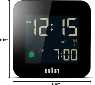 Braun Digital Travel Alarm Clock, Central European Time (CET) zone with snooze function, compact size, negative LC display, crescendo alarm in black, model BC08B-DCF.