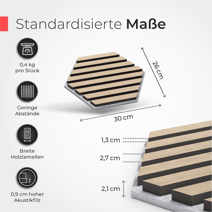 Акустичні гексагональні панелі з натурального горіха та чорного фетру, самоклеючі 3D-панелі для звукоізоляції та декору стін, набір 9 шт (30x26 см)