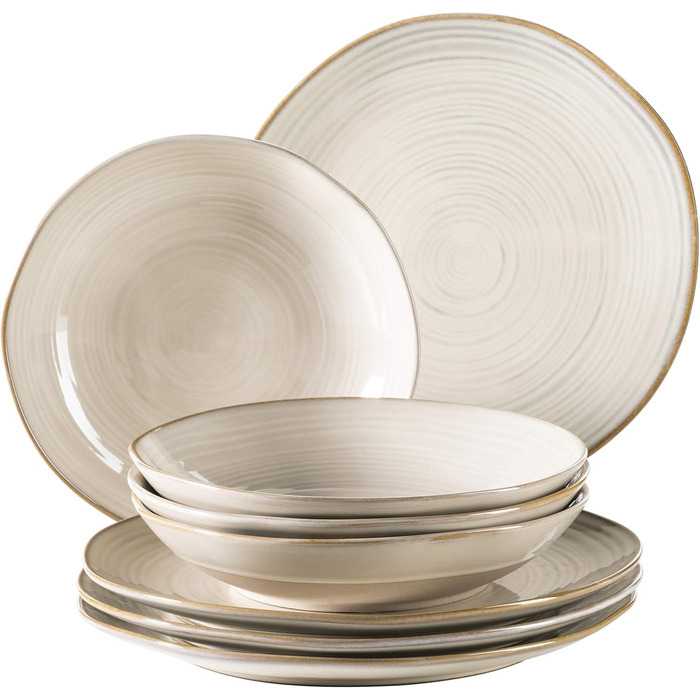 MÄSER 931371 Nottingham Vintage Dinner Set for 4 people, 8-piece tableware set with dinner plates and soup plates in an irregularly round retro look, stoneware, beige