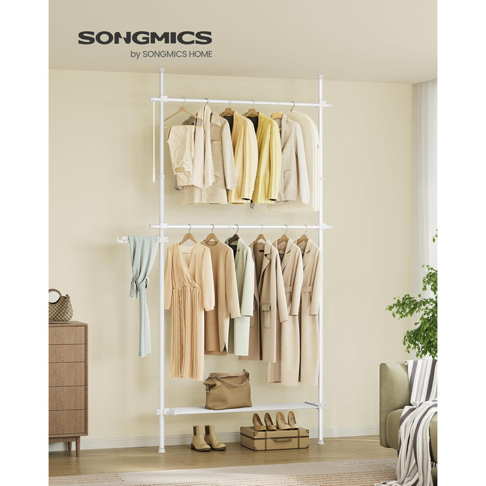 SONGMICS Telescopic Rod Clothes Rack, 3-Tier Wardrobe, Height and Width Adjustable, Open Closet with 2 Clothes Rods and Removable Shelf, Gripper Arm, HSR136B01 (Matt White, 1 Row (84B~123B cm))