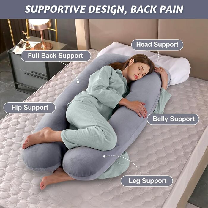 Подушка для вагітних U-подібної форми Vikcvcsc, подушка для всього тіла з чохлом, подушка для годування XXL, велика подушка для сну на боці для вагітних знімний та пральний чохол (Сірий, Велюр)