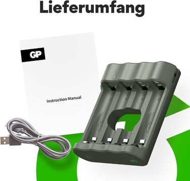 Зарядний пристрій для акумуляторів GP Charge&Save AA AAA з USB-C, 4 слоти, швидка зарядка, LED-індикатор, компактний дизайн