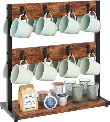 Vintage Mug Holder with 8 Hooks, Coffee Cup Holder for Countertop, Cup Stand with Storage Bottom, for Kitchen Dining Room Cafe 40 x 15 x 40 cm, TBJ002H (without shelf, Vintage Brown)