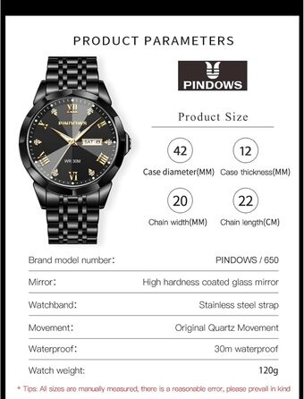 Годинник чоловічий PINDOWS Luxus Quarz аналоговий з датою та великим циферблатом, водостійкий, модний, бізнес-стиль. Елегантний двоколірний годинник з нержавіючої сталі з підсвічуванням календаря De650n1: Чорний
