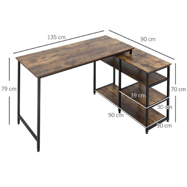 HOMCOM L-Shaped Corner Desk, PC Table with Shelf and Drawer, 135x90x79cm, Rustic Brown, Particleboard & Metal, for Office & Home Office