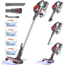 Бездротовий акумуляторний пилосос 40000Pa з 4 HEPA-фільтрами, 1.6L контейнером та HEPA-фільтрами для твердих поверхонь, килимів та шерсті тварин, 450W, 50 хвилин роботи, глибоке очищення, червоний