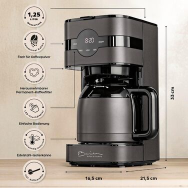 Кавомашина Barista Filterkaffeemaschine з регульованим млинком та термосклом | Функція підігріву, таймер 24г та постійний фільтр | На 10 чашок кави | Кавоварка для зерен та меленої кави [Нержавіюча сталь] (11) Сіра