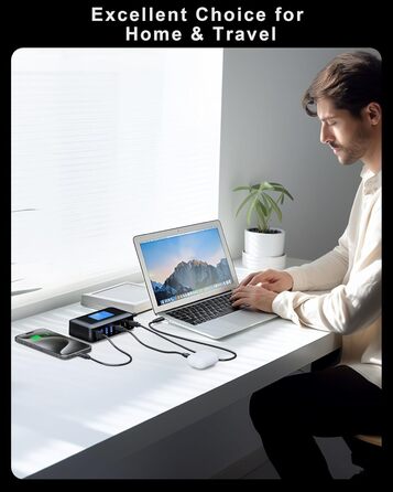 Зарядний пристрій RENGOGA 200W USB-C GaN 8 портів з LED дисплеєм для MacBook, iPad, iPhone, Samsung Galaxy - чорний