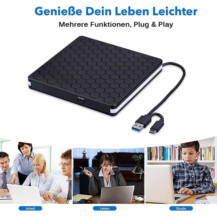 Зовнішній DVD-накопичувач Amicool USB 3.0 та Type-C, портативний CD/DVD +/-RW привід для ноутбука, ПК та MacBook (Windows, macOS, Linux)