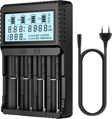 Зарядний пристрій POWXS для акумуляторів 18650 з тестуванням, LCD-дисплеєм, 4 слоти, Li-Ion, IMR, NI-MH, NI-Cd, AA, AAA, C, 26650, 21700, 16340, 14500, 10440, RCR123