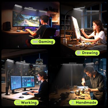 Настільна лампа для робочого столу з 3 джерелами світла, 24W, 100см, денне світло, з пультом дистанційного керування, регульована яскравість, лампа для монітора, модель «Лебідь», матовий чорний колір