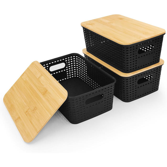 Storage Box with Bamboo Lid Small 3 Pack 5L Storage Box Bathroom Box with Lid Black Bathroom Organizer 25x18x10cm Plastic Box Kitchen Storage Boxes Baskets Containers Stackable Boxes