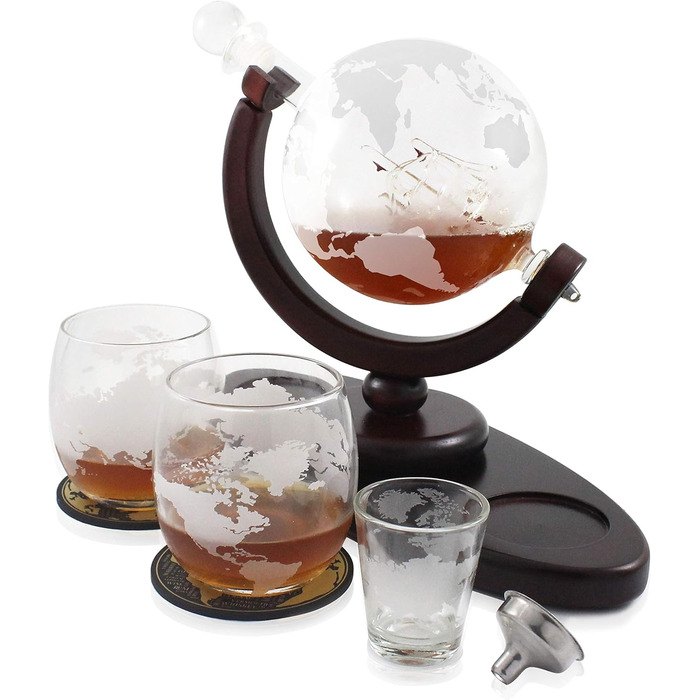 Globus Decanter Gift Set. Includes a wooden base, 2 glasses, 2 coasters, a shot glass, and a funnel. This whiskey decanter and glasses set is the perfect gift.