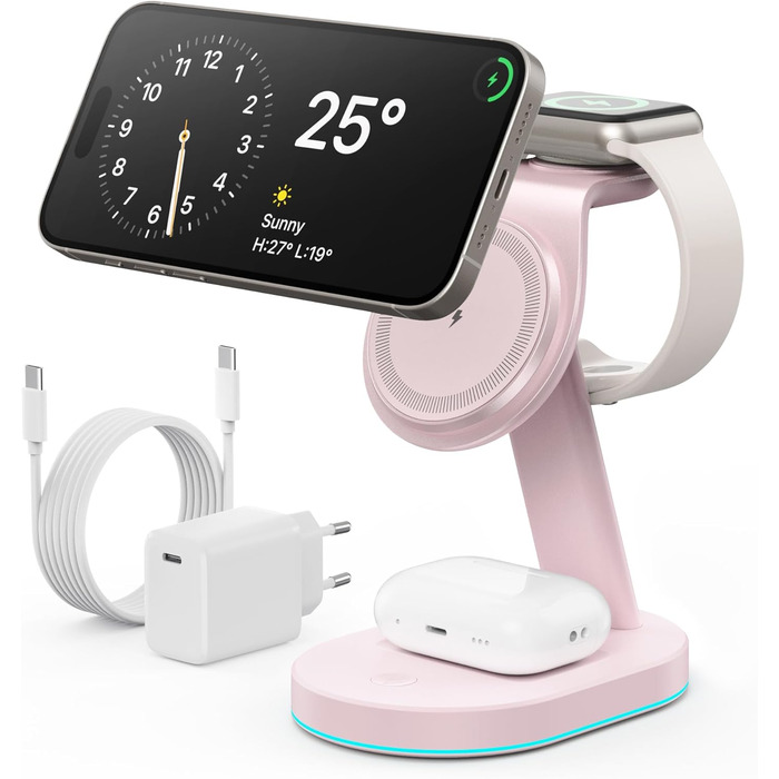 Бездротова зарядка 3-в-1 з MagSafe, USB-C, для iPhone 16/15/14/13/12, Apple Watch та AirPods, з нічним світлом (Рожева)
