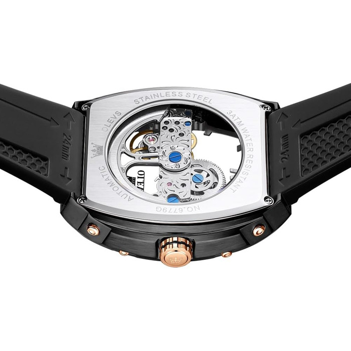 Чоловічий скелетон годинник OLEVS автоматичний, розкішний годинник зі сталі з великим циферблатом, календарем та підсвіткою, водонепроникний (Колір: Розове золото)