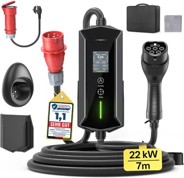Портативний зарядний пристрій для електромобілів 22 кВт (7м) з LCD-дисплеєм, IP65, Schuko, 16A, для електромобілів та PHEV