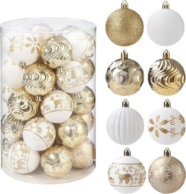 34 штуки новорічних кулі, прикраси для ялинки з пластику, новорічні прикраси з ключ-стрічкою, набір з малюнком оленя, кульки для прикраси ялинки (біле золото)