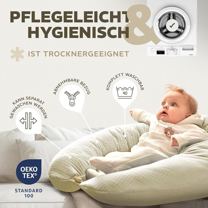 Подушка для годування sei Design XXL 190x30 см з мусліновою наволочкою, ергономічна, для вагітних, для сну на боці, комфортна подушка для дорослих, наволочка з 100% органічної бавовни муслін