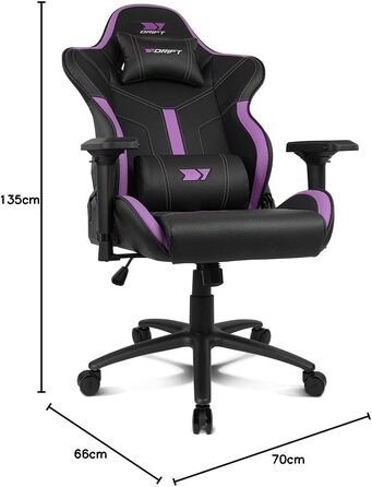 Професійне ігрове крісло DRIFT GAMING DR350 ергономічне, з 4D-підлокітниками, подушками під поперек та шию, нахил 135°, безшумні колеса, чорно-фіолетове