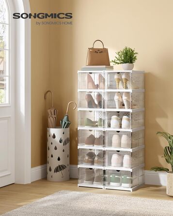 SONGMICS Shoe Cabinet Set, with 18 Shoe Boxes, Integrated Shoe Organizer, Foldable, Portable, for Shoes up to Size 46, 1-Minute Assembly, Transparent + Cloud White LSP207W01 (Transparent + Cloud White, 2)