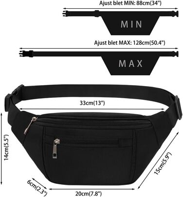 Чоловіча та жіноча поясна сумка на пояс, бананка, водонепроникна, для спорту, подорожей, кемпінгу, фітнесу, бігу (чорна)