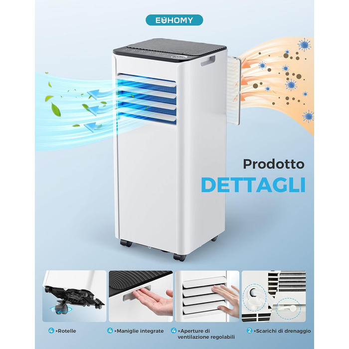 Мобільний кондиціонер 9000 BTU з випускним шлангом | 4-в-1 | Тиха робота <48 дБ | Цифровий дисплей + пульт дистанційного керування | Комплект для встановлення у вікно | Таймер 24 години | Для приміщень до 25 м²